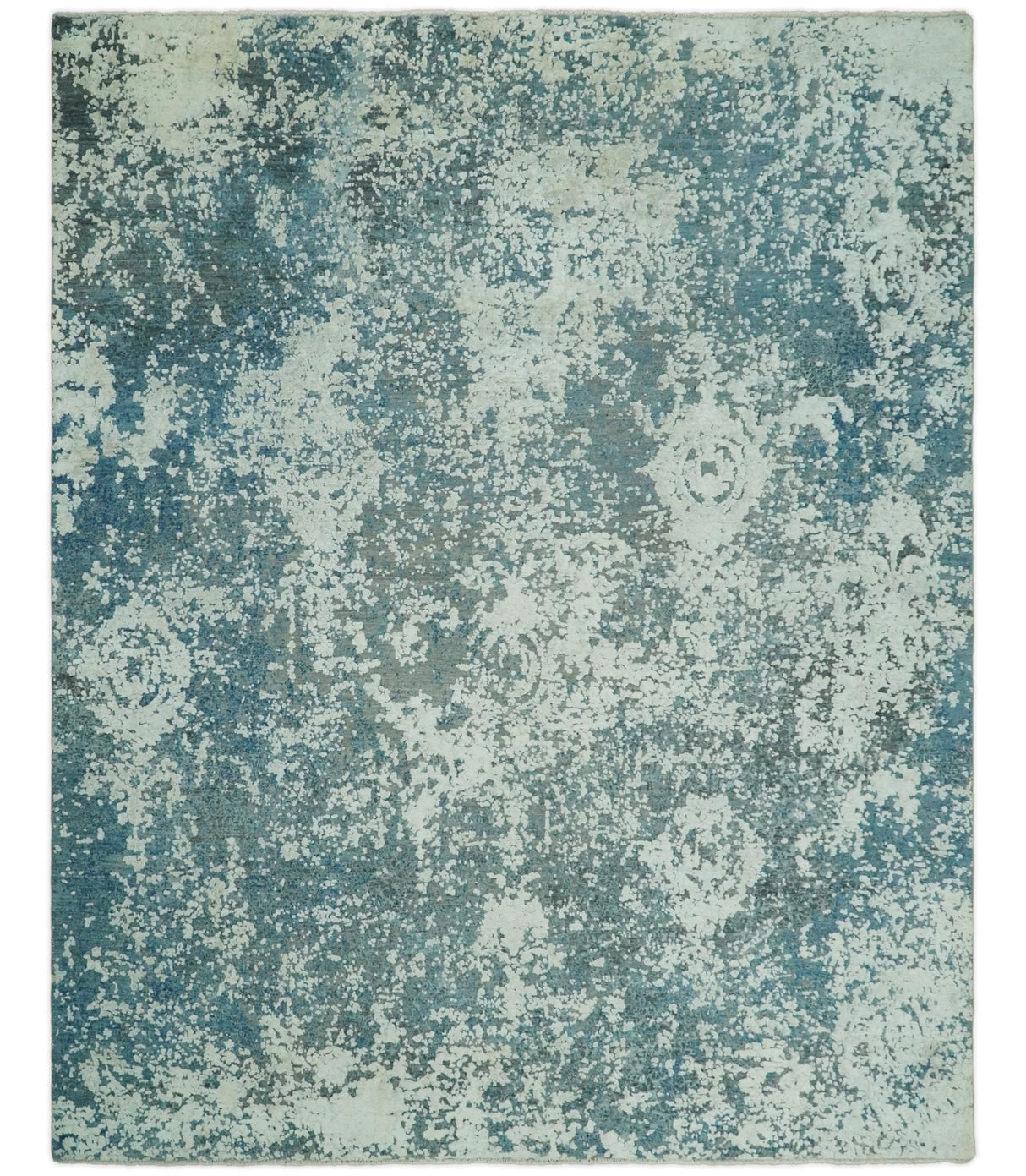 8x10 Silver and Green Pure Silk and Wool Abstract Area Rug | TRD1657810