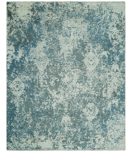 8x10 Silver and Green Pure Silk and Wool Abstract Area Rug | TRD1657810