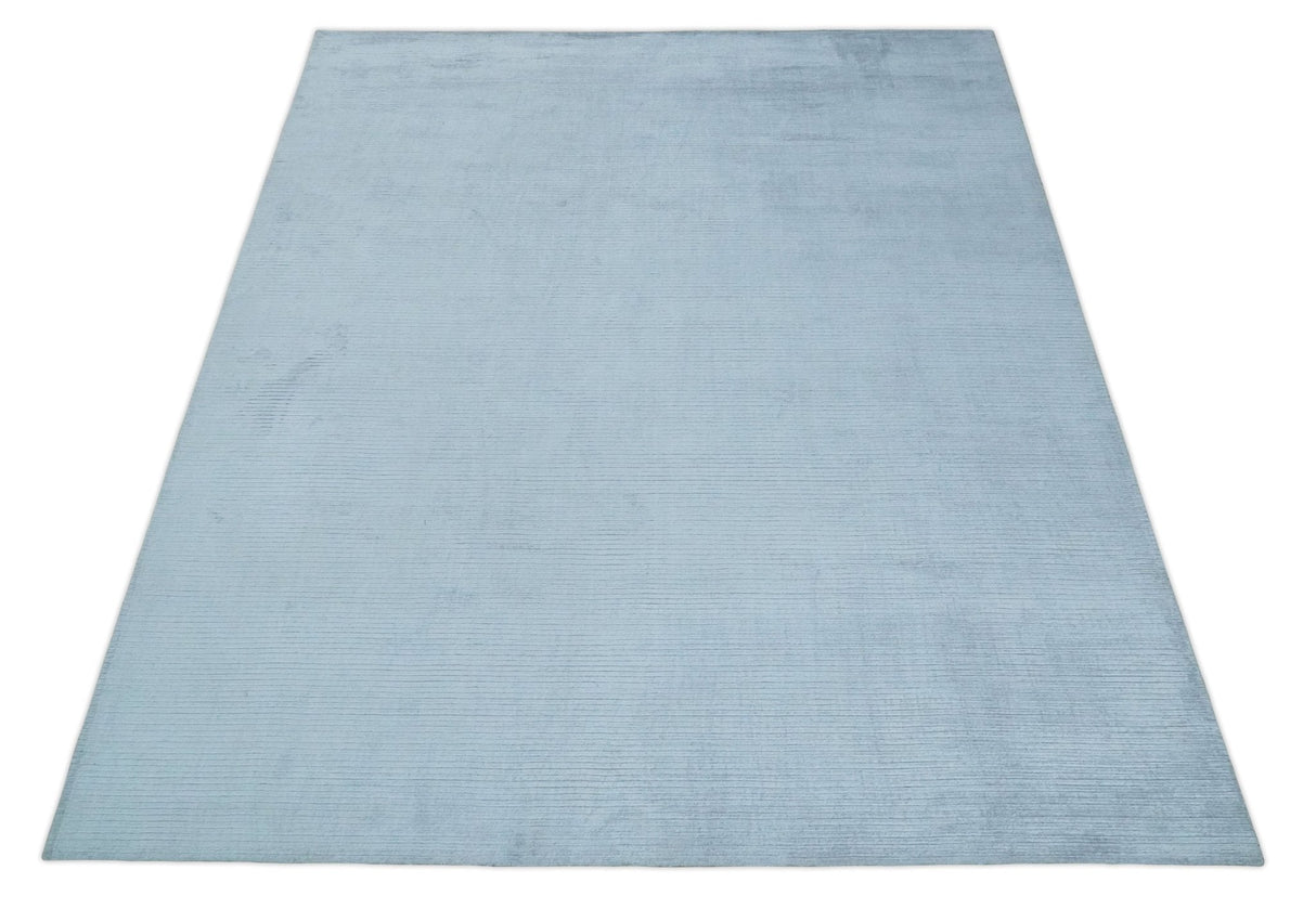 8x10 Solid Plain Blue, Silver Hand Loomed Modern Scandinavian Art Silk Loop Cut Area Rug