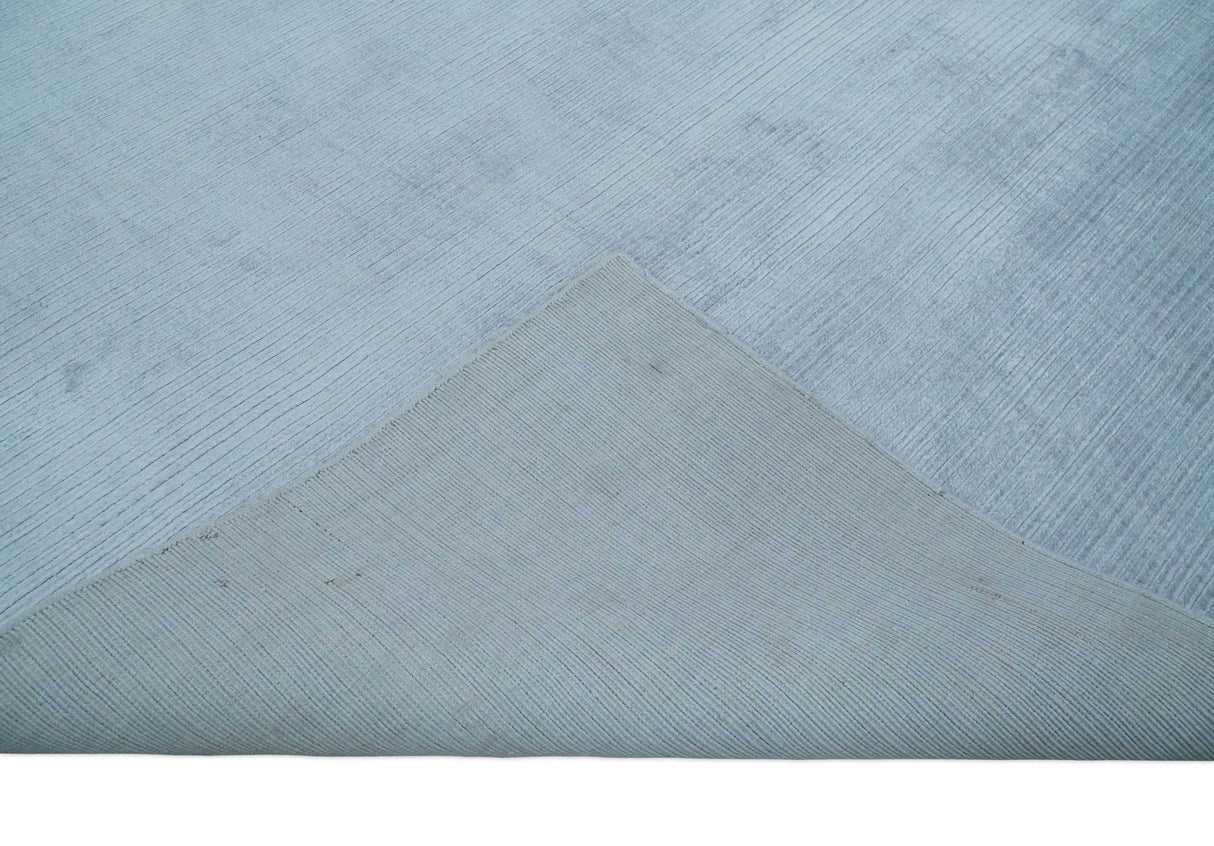 8x10 Solid Plain Blue, Silver Hand Loomed Modern Scandinavian Art Silk Loop Cut Area Rug