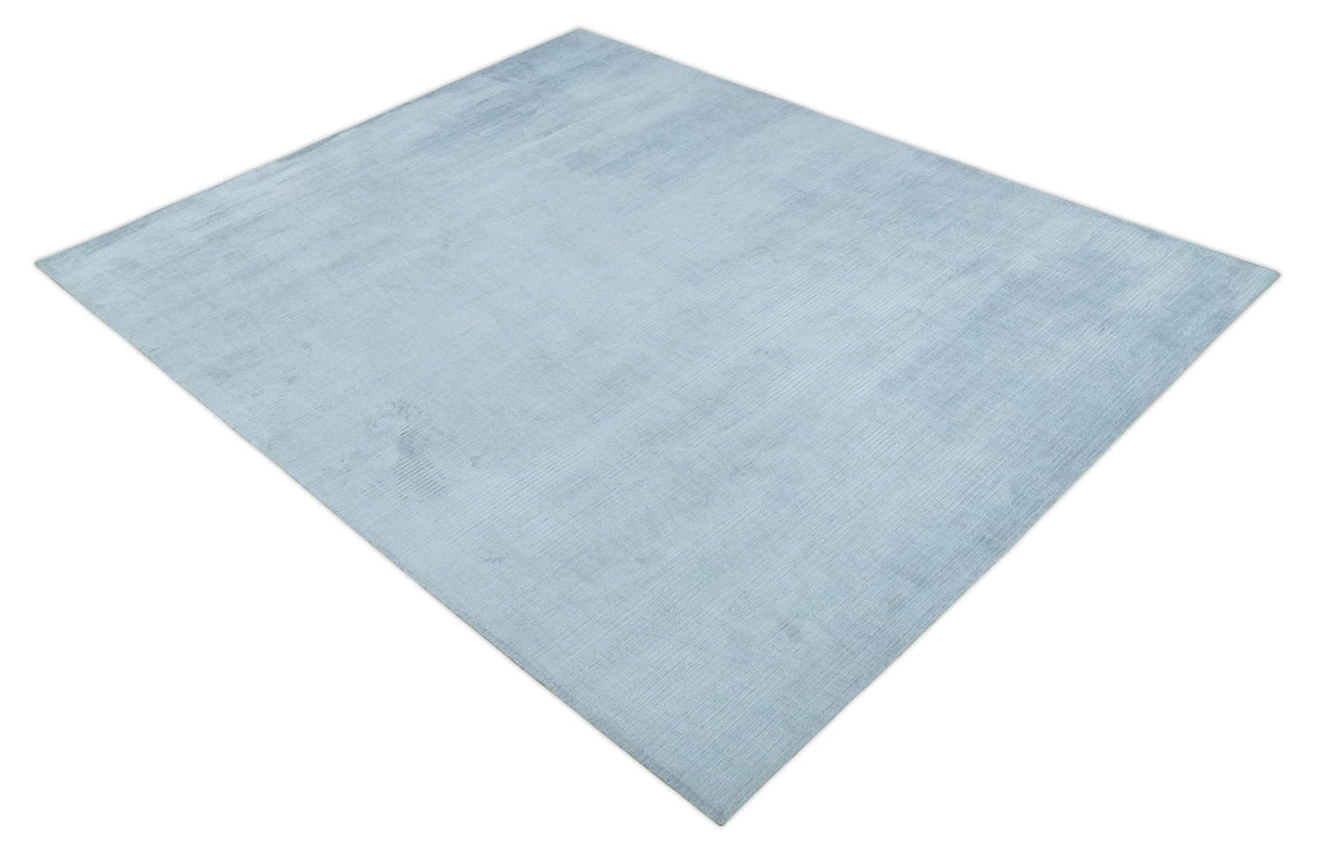 8x10 Solid Plain Blue, Silver Hand Loomed Modern Scandinavian Art Silk Loop Cut Area Rug