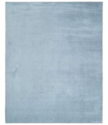 8x10 Solid Plain Blue, Silver Hand Loomed Modern Scandinavian Art Silk Loop Cut Area Rug