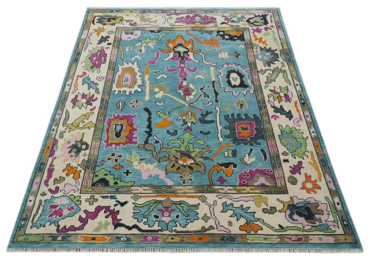 8x10 Traditional Blue and Ivory Vibrant colorful Hand knotted oushak wool area rug