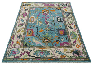 8x10 Traditional Blue and Ivory Vibrant colorful Hand knotted oushak wool area rug