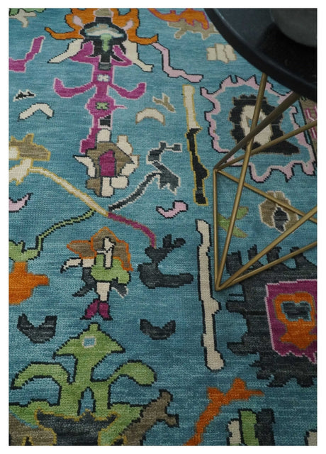 8x10 Traditional Blue and Ivory Vibrant colorful Hand knotted oushak wool area rug