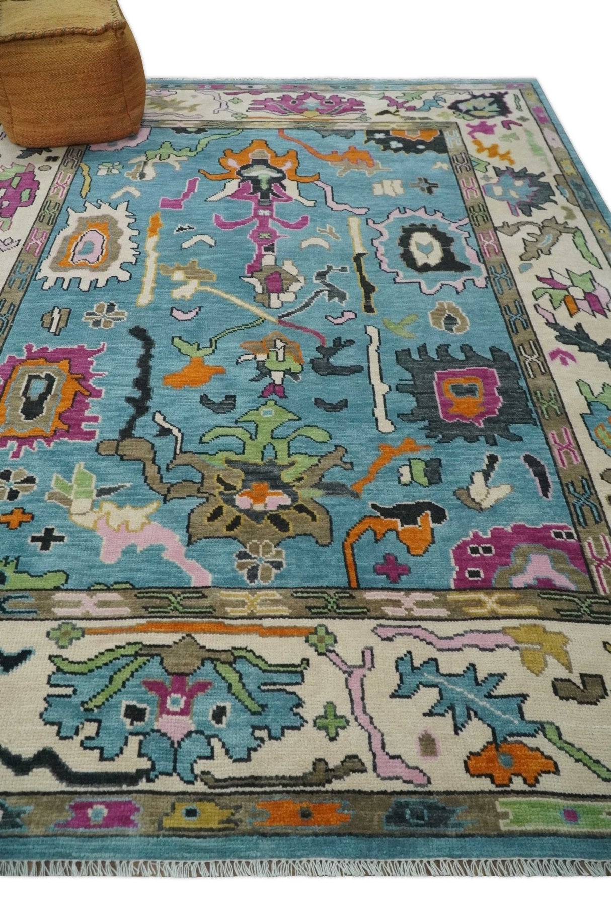 8x10 Traditional Blue and Ivory Vibrant colorful Hand knotted oushak wool area rug
