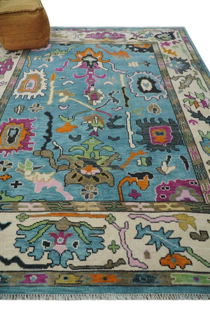8x10 Traditional Blue and Ivory Vibrant colorful Hand knotted oushak wool area rug