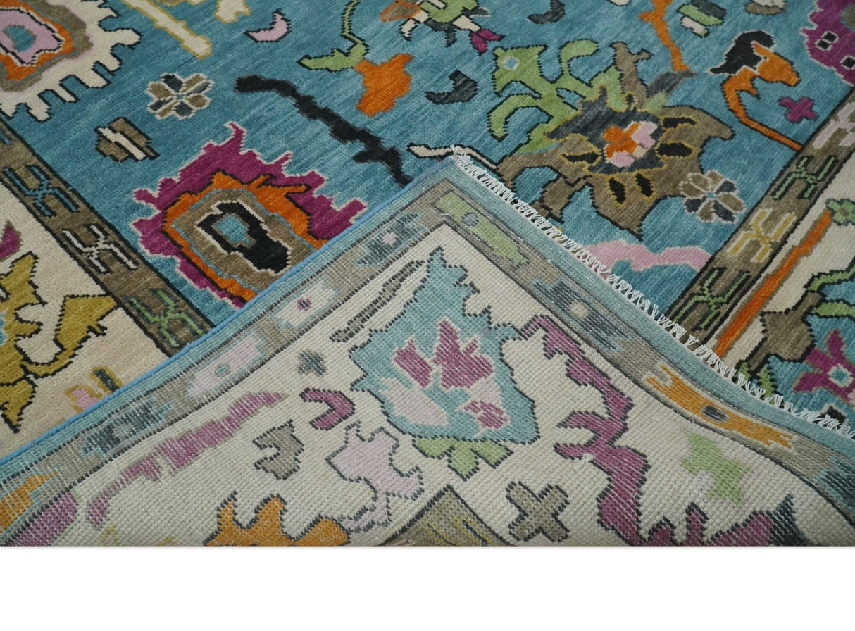 8x10 Traditional Blue and Ivory Vibrant colorful Hand knotted oushak wool area rug
