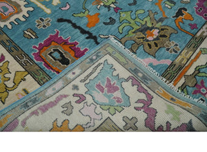 8x10 Traditional Blue and Ivory Vibrant colorful Hand knotted oushak wool area rug