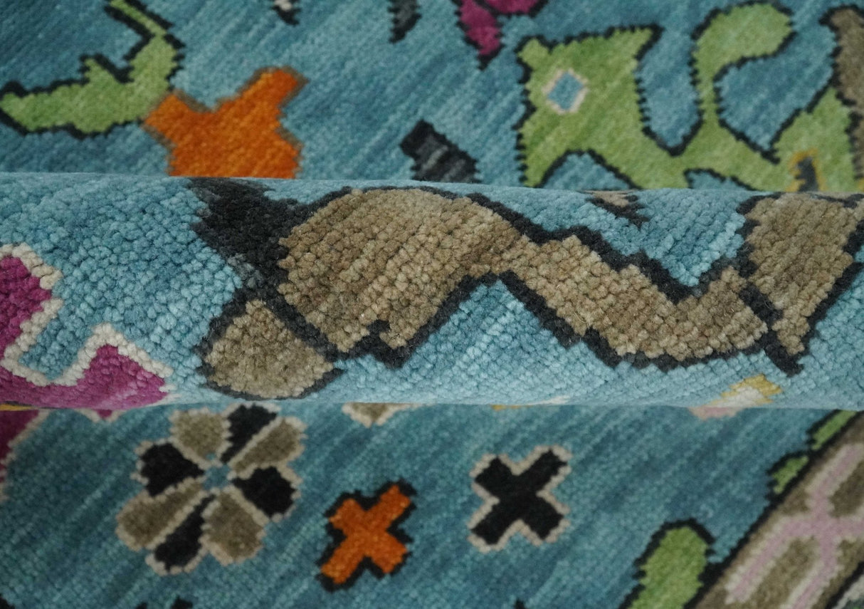 8x10 Traditional Blue and Ivory Vibrant colorful Hand knotted oushak wool area rug