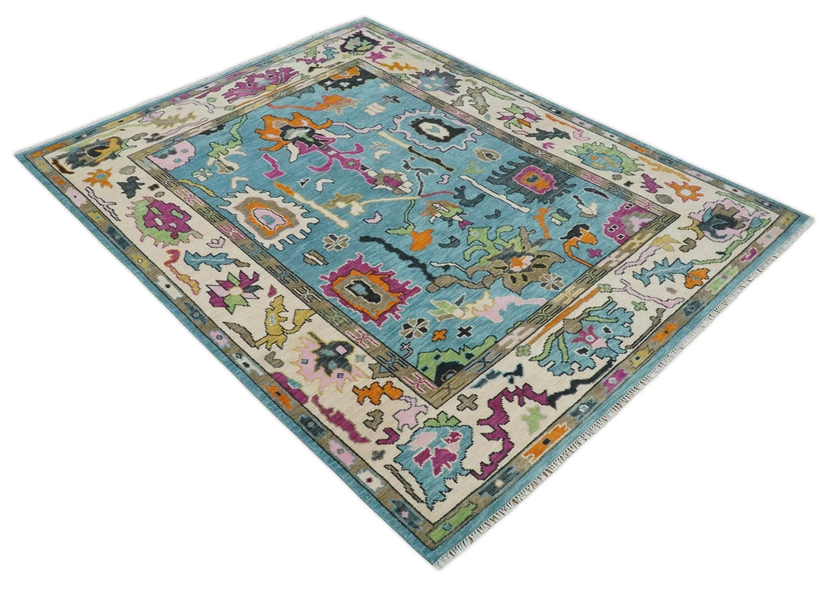 8x10 Traditional Blue and Ivory Vibrant colorful Hand knotted oushak wool area rug