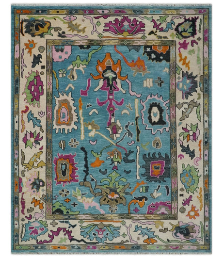 8x10 Traditional Blue and Ivory Vibrant colorful Hand knotted oushak wool area rug