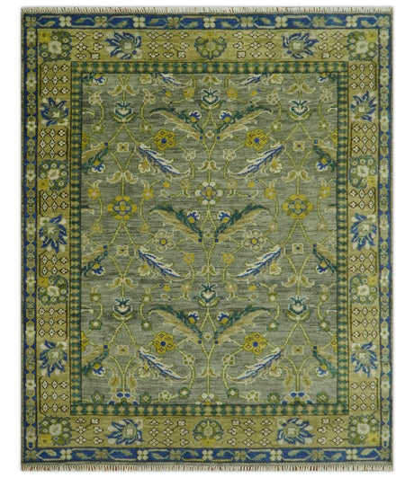8x10 Traditional Floral Green and Blue Hand Knotted wool area rug
