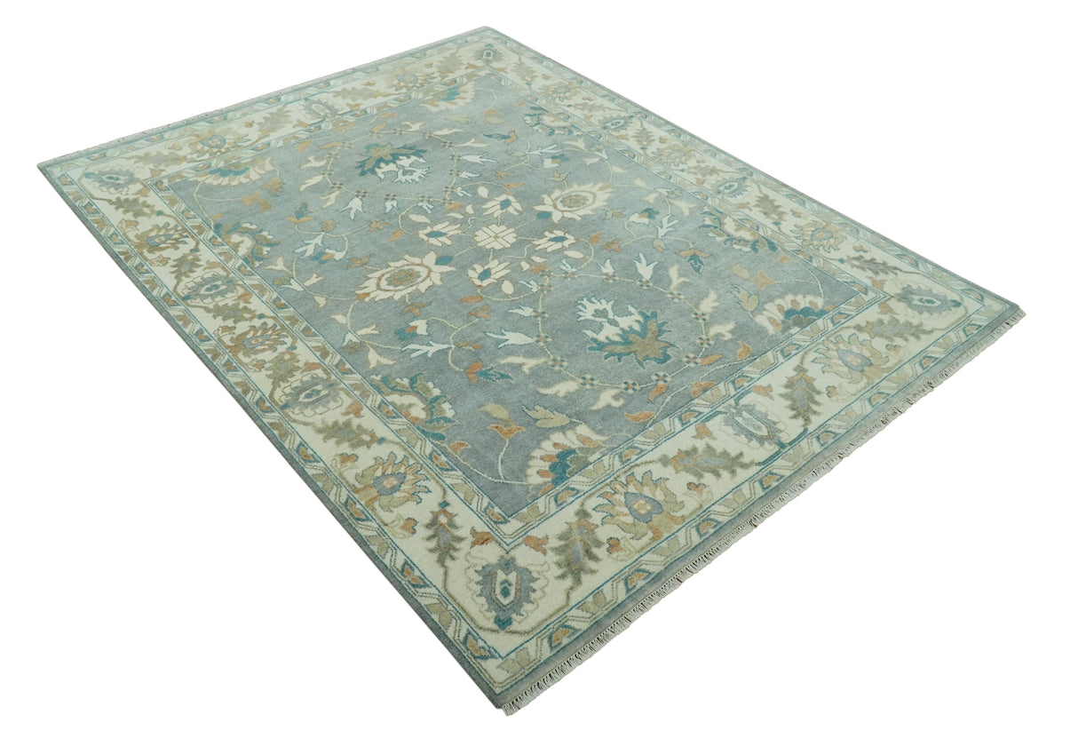 8x10 Traditional Floral Silver and Ivory Hand Knotted wool area rug
