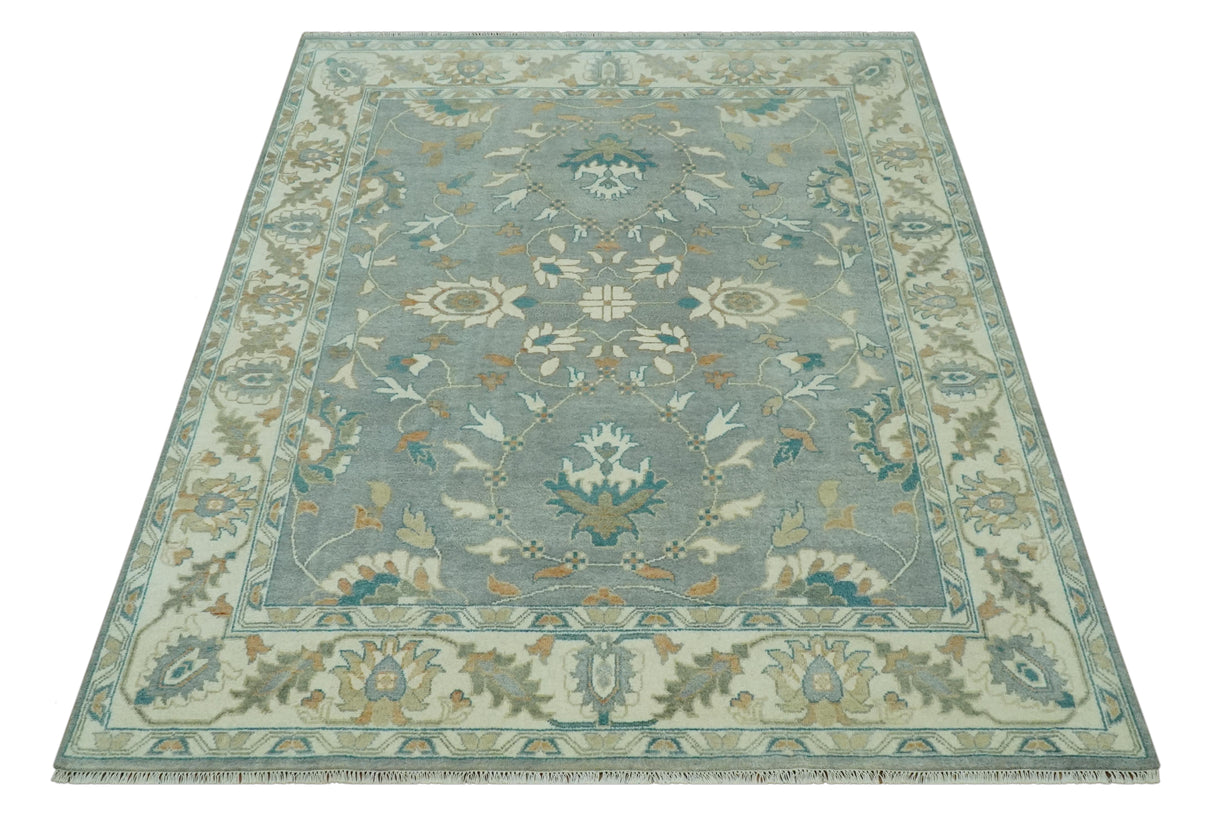 8x10 Traditional Floral Silver and Ivory Hand Knotted wool area rug