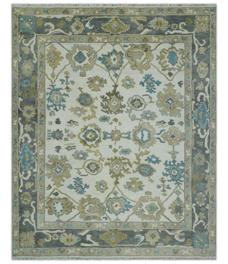 8x10 Traditional Ivory and Charcoal Hand knotted Oushak Wool Area Rug