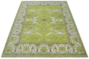 8x10 Traditional Light Green, Ivory and Charcoal Antique Style Hand knotted Wool Area Rug