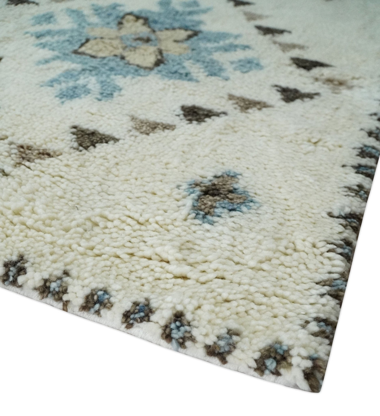 8x10 Tribal Design Ivory, Brown and Blue Traditional Hand Knotted Wool Area Rug