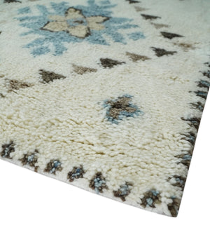 8x10 Tribal Design Ivory, Brown and Blue Traditional Hand Knotted Wool Area Rug