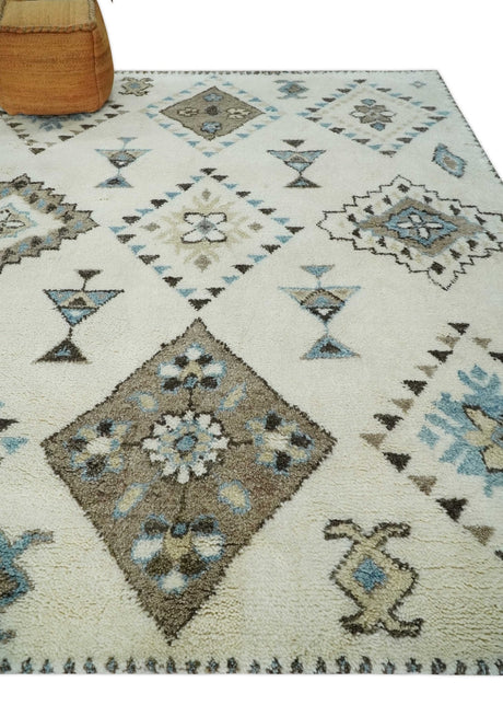 8x10 Tribal Design Ivory, Brown and Blue Traditional Hand Knotted Wool Area Rug
