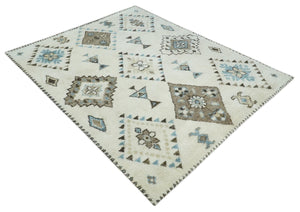 8x10 Tribal Design Ivory, Brown and Blue Traditional Hand Knotted Wool Area Rug