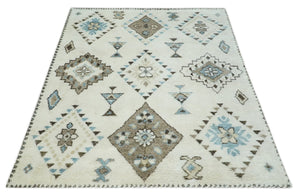 8x10 Tribal Design Ivory, Brown and Blue Traditional Hand Knotted Wool Area Rug