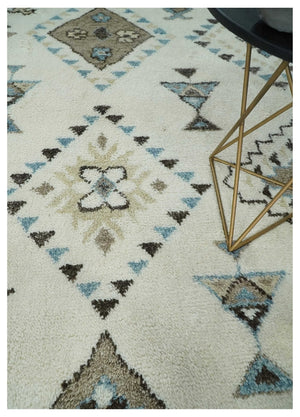 8x10 Tribal Design Ivory, Brown and Blue Traditional Hand Knotted Wool Area Rug
