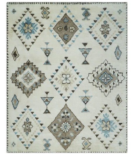 8x10 Tribal Design Ivory, Brown and Blue Traditional Hand Knotted Wool Area Rug