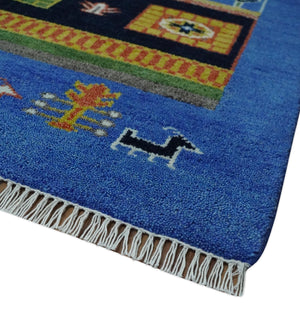 8x10 Tribal Gabbeh Blue, Black, Green and Rust Hand knotted Traditional Wool Area Rug