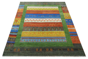 8x10 Tribal Gabbeh Green, Rust, Blue and Gold Hand knotted Traditional Wool Area Rug