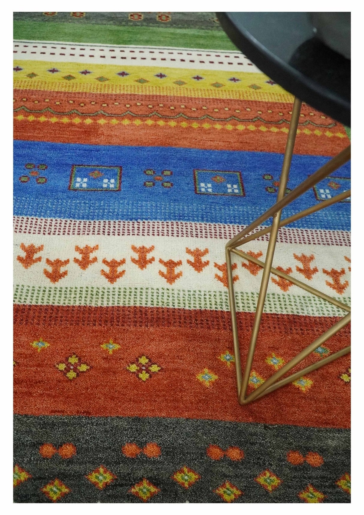 8x10 Tribal Gabbeh Green, Rust, Blue and Gold Hand knotted Traditional Wool Area Rug