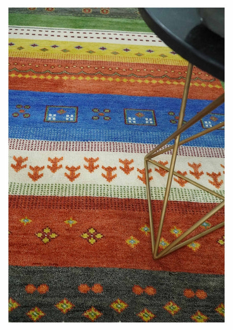 8x10 Tribal Gabbeh Green, Rust, Blue and Gold Hand knotted Traditional Wool Area Rug