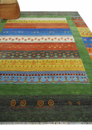 8x10 Tribal Gabbeh Green, Rust, Blue and Gold Hand knotted Traditional Wool Area Rug