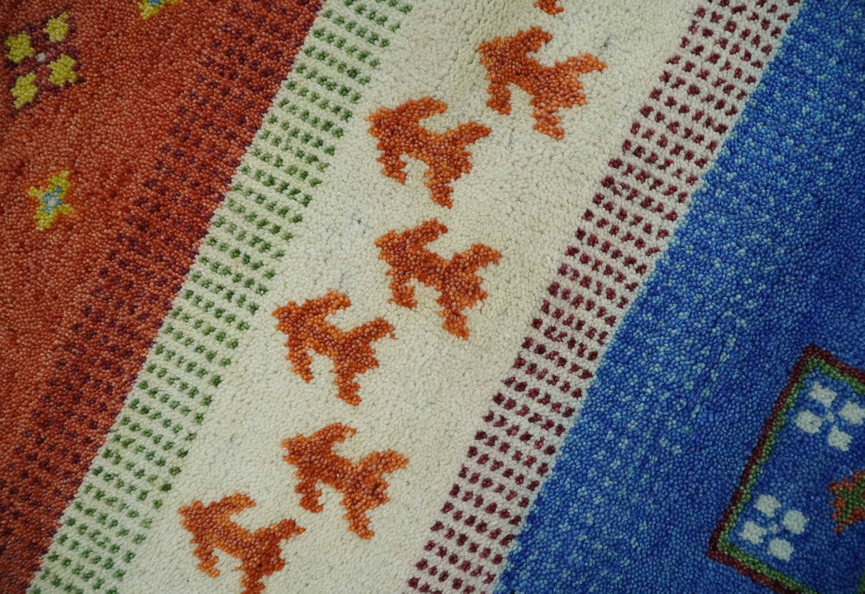 8x10 Tribal Gabbeh Green, Rust, Blue and Gold Hand knotted Traditional Wool Area Rug