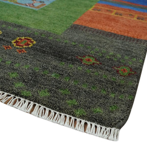 8x10 Tribal Gabbeh Green, Rust, Blue and Gold Hand knotted Traditional Wool Area Rug