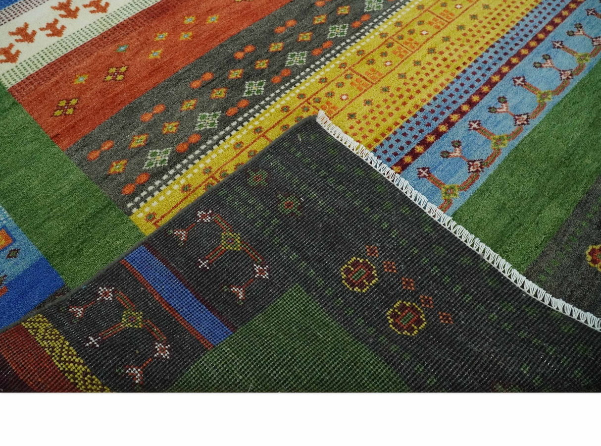 8x10 Tribal Gabbeh Green, Rust, Blue and Gold Hand knotted Traditional Wool Area Rug