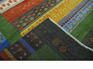 8x10 Tribal Gabbeh Green, Rust, Blue and Gold Hand knotted Traditional Wool Area Rug