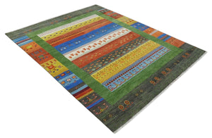 8x10 Tribal Gabbeh Green, Rust, Blue and Gold Hand knotted Traditional Wool Area Rug