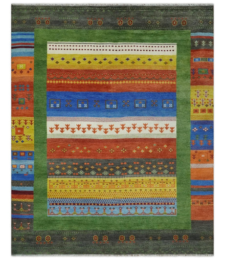 8x10 Tribal Gabbeh Green, Rust, Blue and Gold Hand knotted Traditional Wool Area Rug