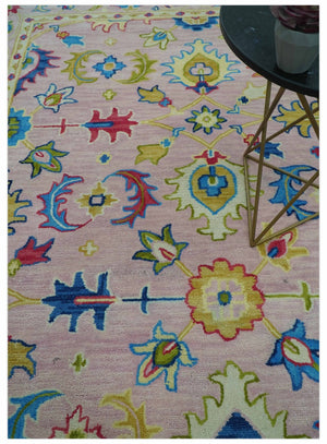 8x10 Vibrant Colorful Pink, Olive and Blue Oriental Oushak Hand Tufted area rug