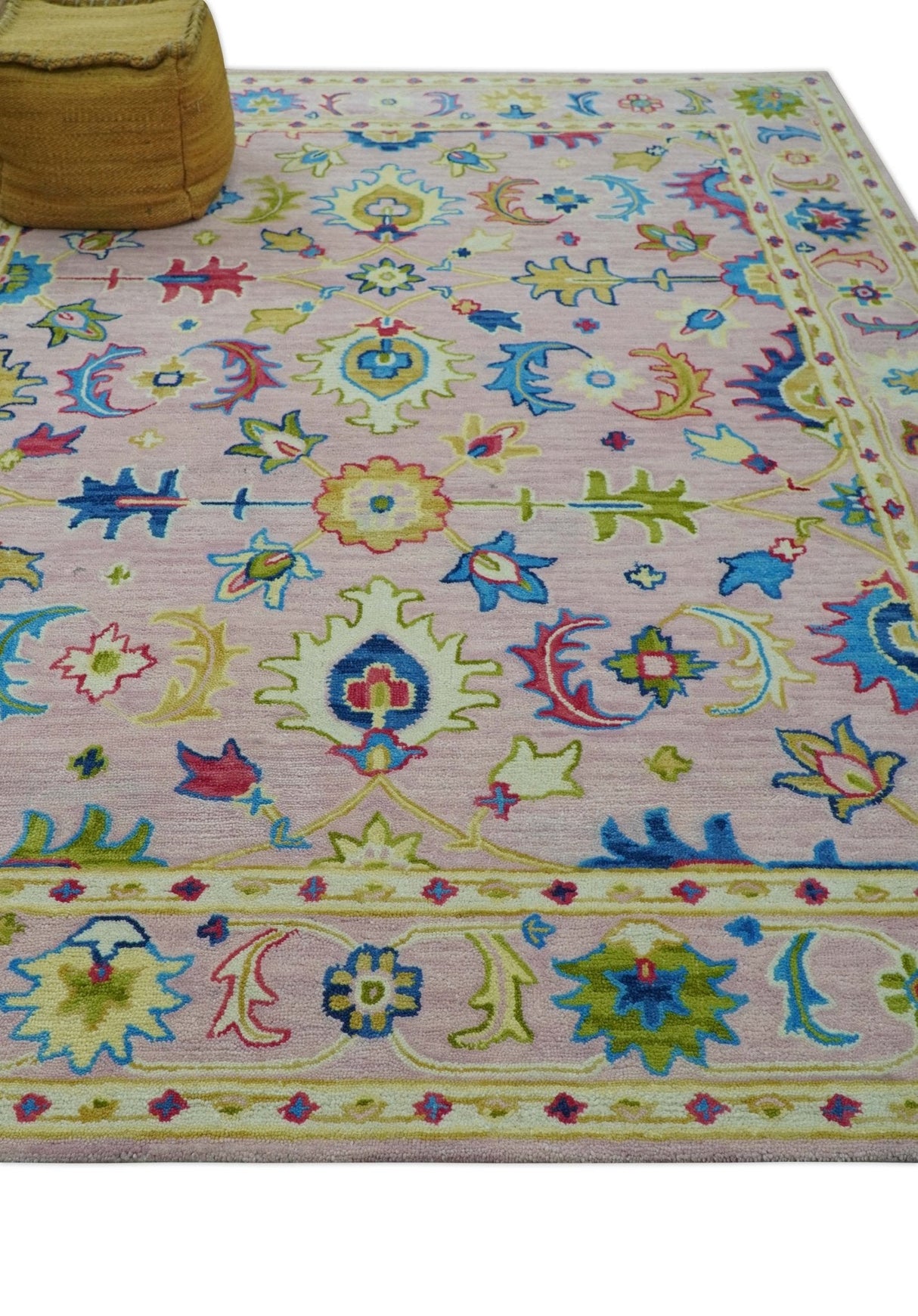 8x10 Vibrant Colorful Pink, Olive and Blue Oriental Oushak Hand Tufted area rug