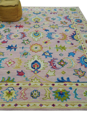 8x10 Vibrant Colorful Pink, Olive and Blue Oriental Oushak Hand Tufted area rug