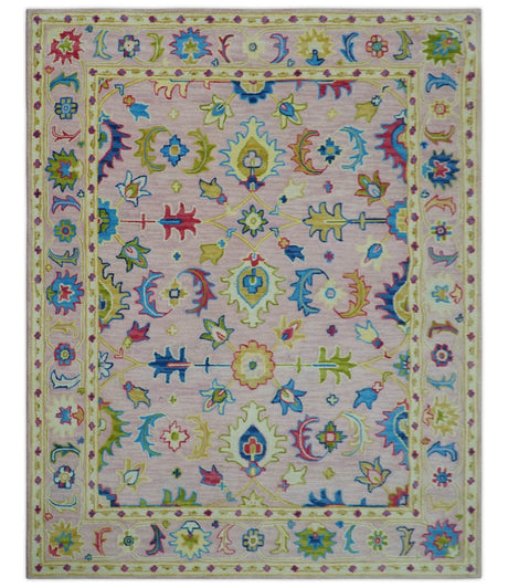 8x10 Vibrant Colorful Pink, Olive and Blue Oriental Oushak Hand Tufted area rug