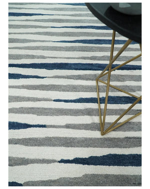 8x10 White, Blue and Camel Hand Tufted Modern Scandinavian Stripe Wool Area Rug | YUK3