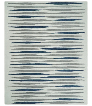8x10 White, Blue and Camel Hand Tufted Modern Scandinavian Stripe Wool Area Rug | YUK3