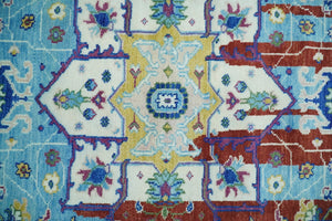 8x10 Wool Blue and Red Abstract Vibrant Colorful Hand knotted Heriz Serapi Area Rug | TRDCP306810