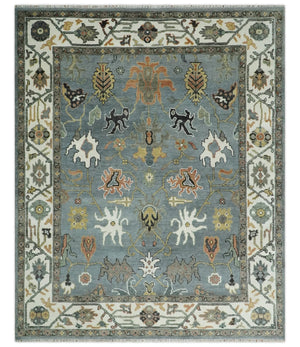 8x10 Wool Traditional Ivory and Gray Vibrant Colorful Hand knotted Oushak Area Rug | TRDCP1304810