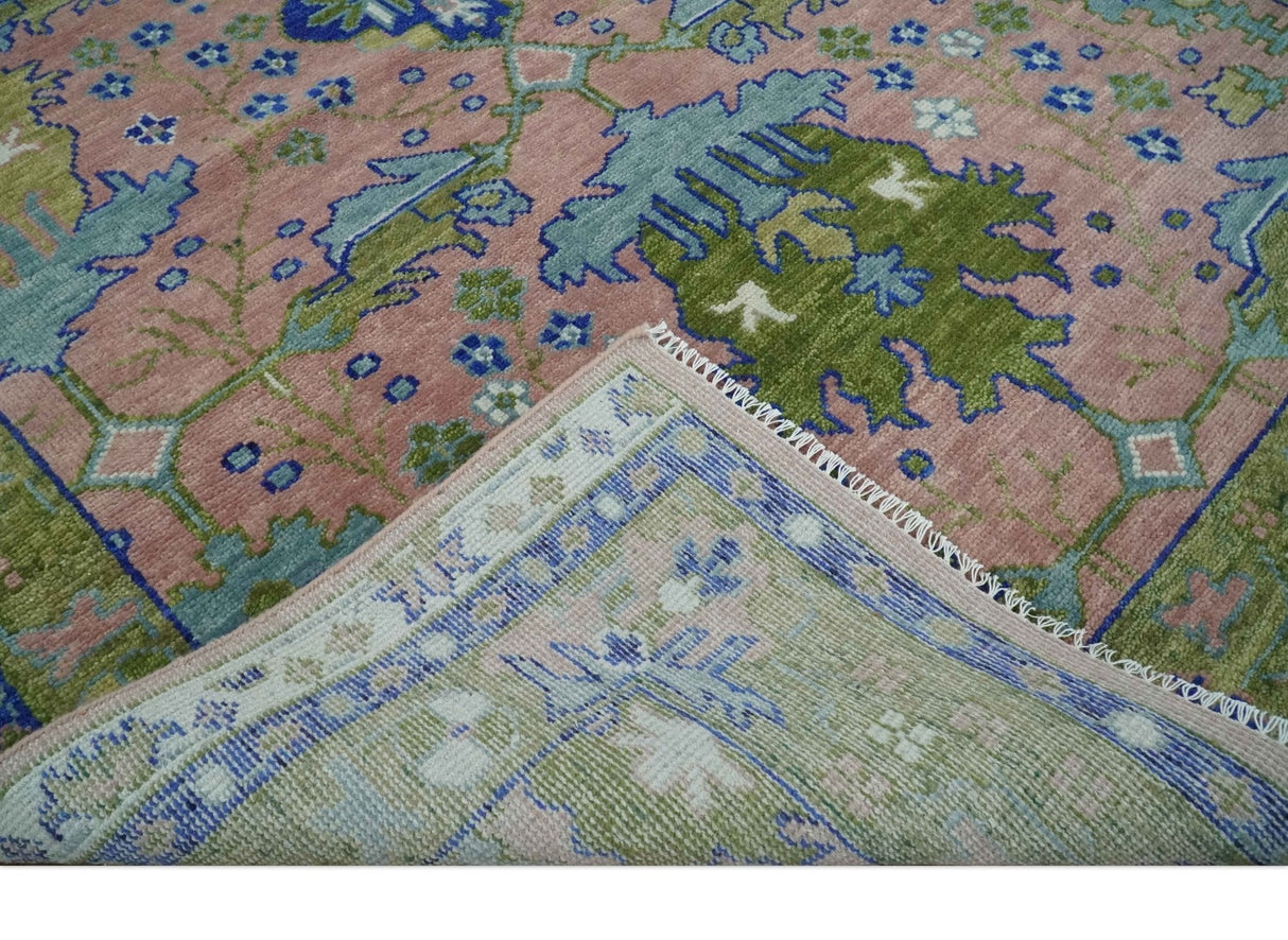 8x10 Wool Traditional Peach, Green and Blue Hand knotted Oushak Area Rug