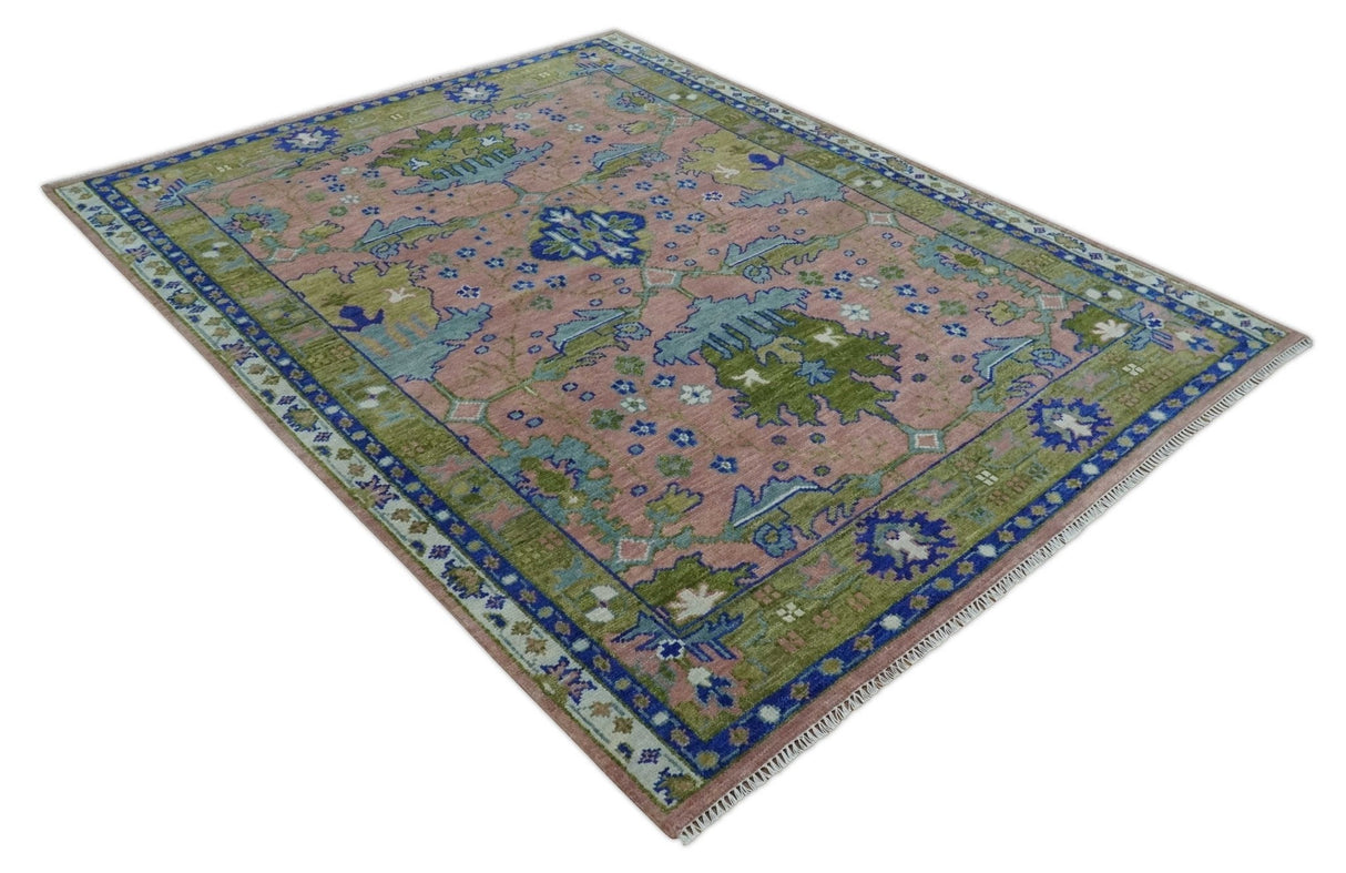 8x10 Wool Traditional Peach, Green and Blue Hand knotted Oushak Area Rug