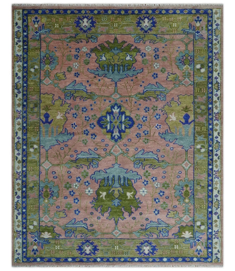 8x10 Wool Traditional Peach, Green and Blue Hand knotted Oushak Area Rug